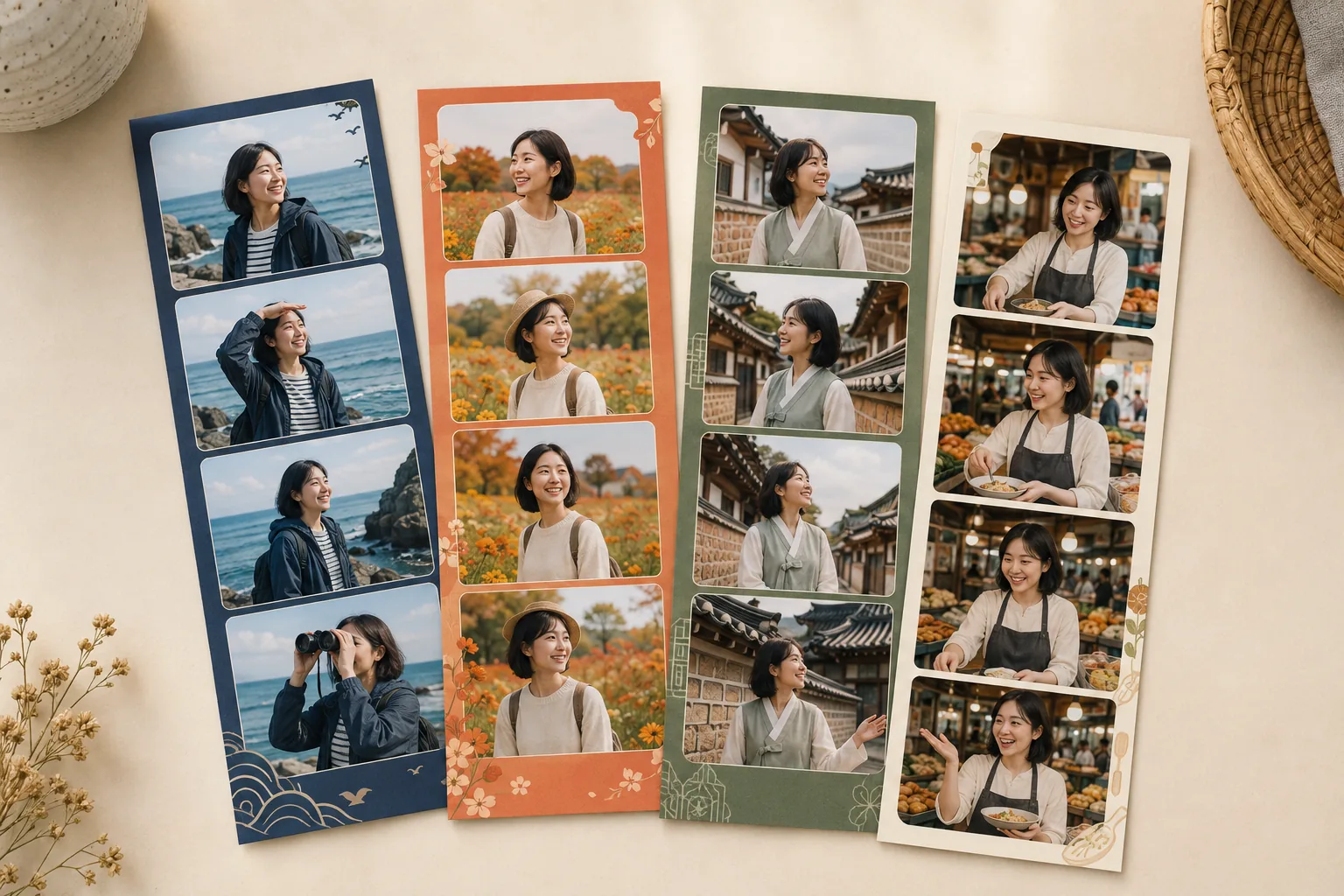 해안, 꽃, 한옥, 시장을 담은 지역별 여행 네컷 디자인 예시